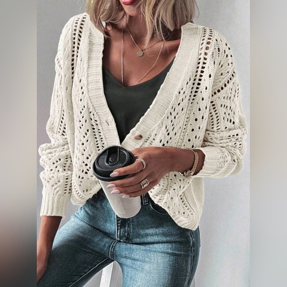 New Boho Open Knit Cardigan Sweater Off White - Picture 4 of 9